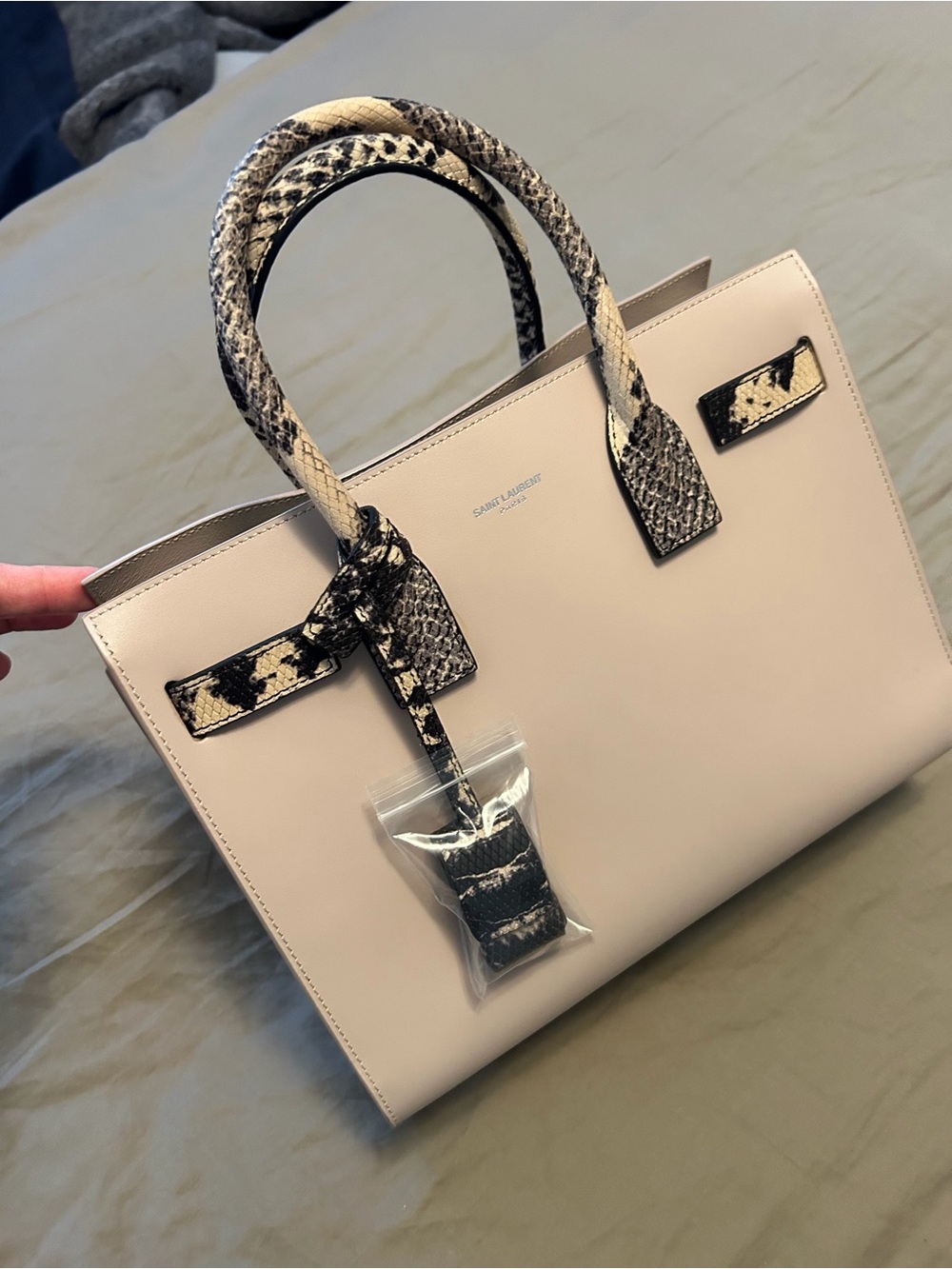 Saint Laurent Cream Leather Satchel with Snakeskin Accents